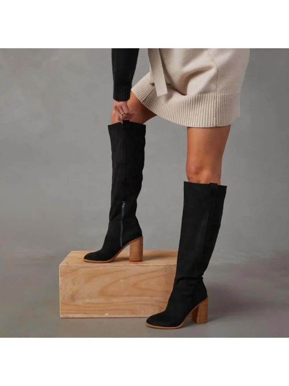 Women's Black High Heel Round Toe Faux Suede Side Zipper Slouch Knee High Boots